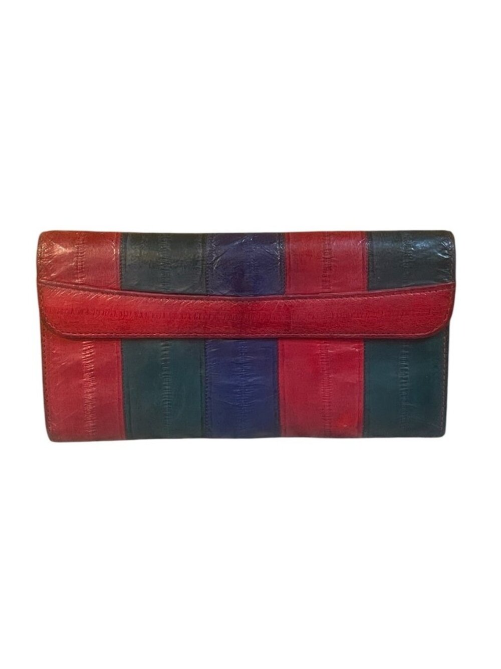 Vintage Eel Skin Deluxe Leather Wallet Clutch Striped Red Blue Green Checkbook